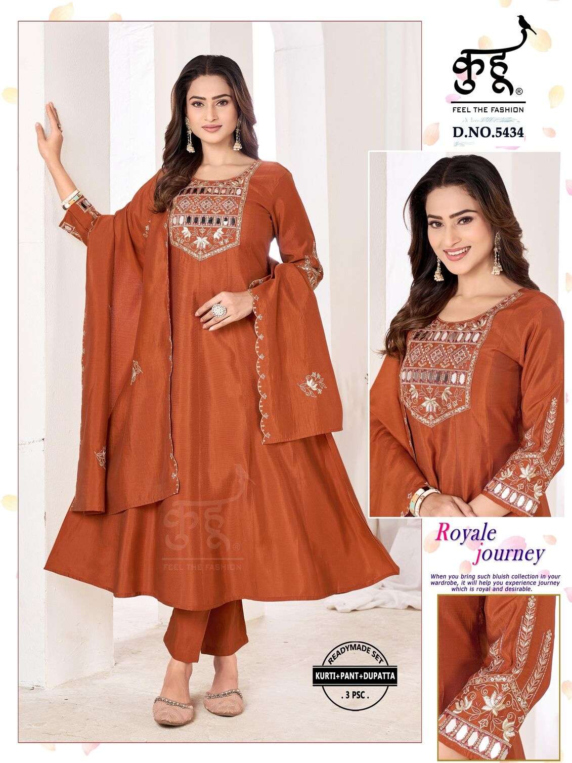 D.NO :- 5433 TO 5436 BY KUHOO IN NATURAL SILK READYMADE SET KURTI PANT DUPATTA