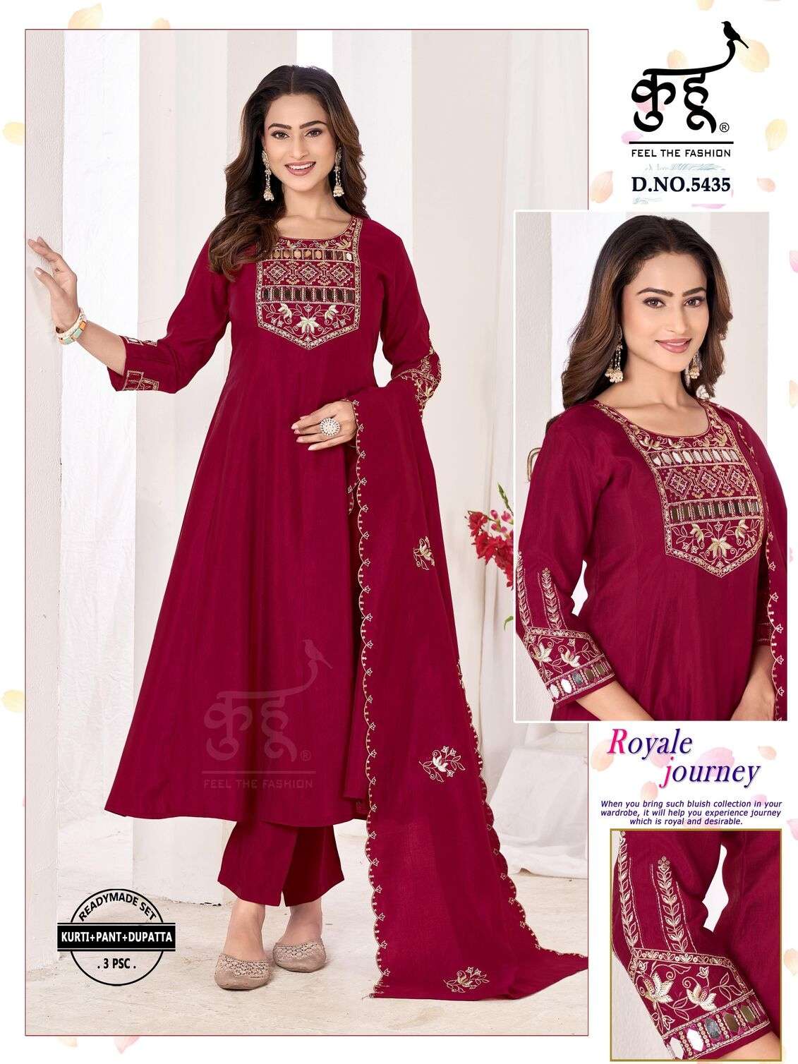 D.NO :- 5433 TO 5436 BY KUHOO IN NATURAL SILK READYMADE SET KURTI PANT DUPATTA