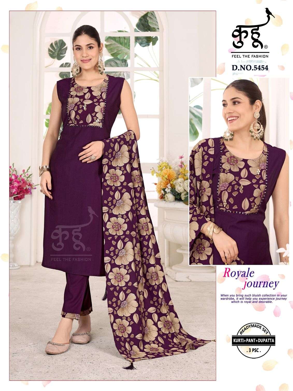 D.NO :- 5453 TO 5454 BY KUHOO IN FANCY FABRIC READYMADE SET KURTI PANT DUPATTA
