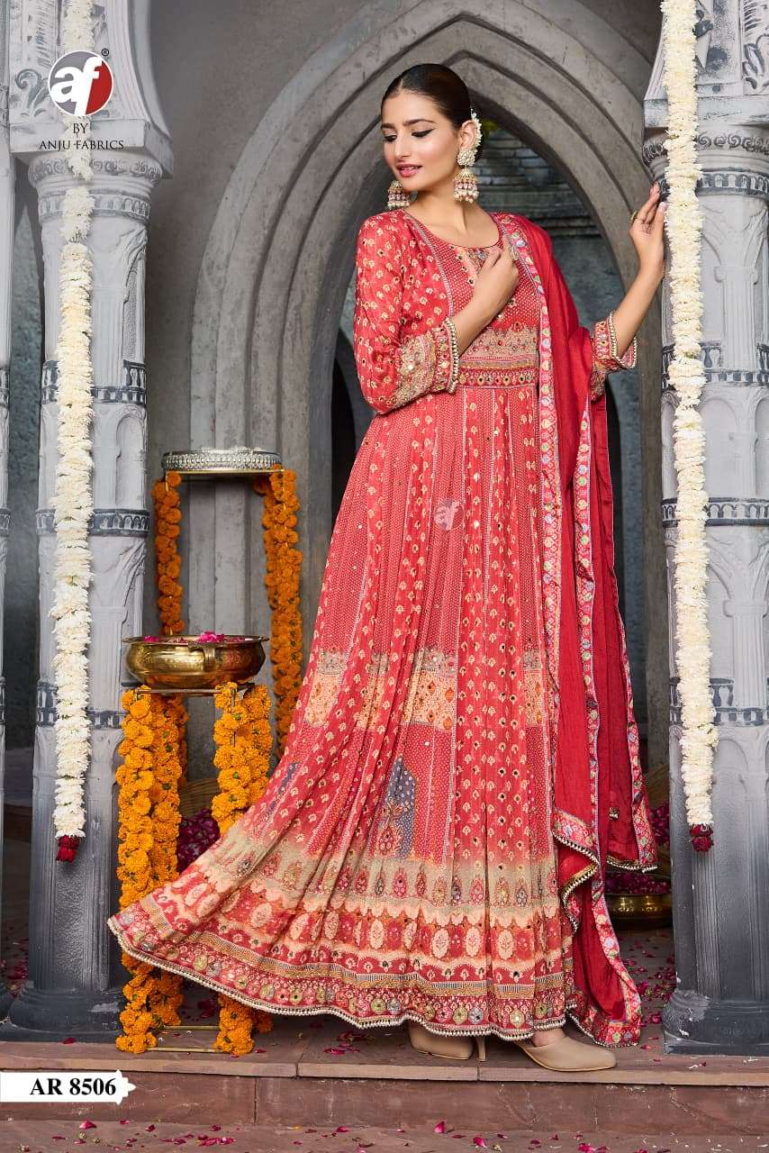 D.NO :- 8506 BY ANJU FABRICS IN PURE CHINON CHIFFON DESIGNER ANARKALI GOWN WITH DUPATTA