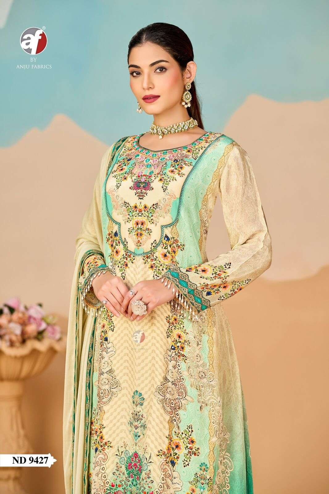 D.NO:- ND 9427 BY ANJU FABRICS IN PURE NATURAL CREPE TALE CUT KURTI WITH WIDE PANT