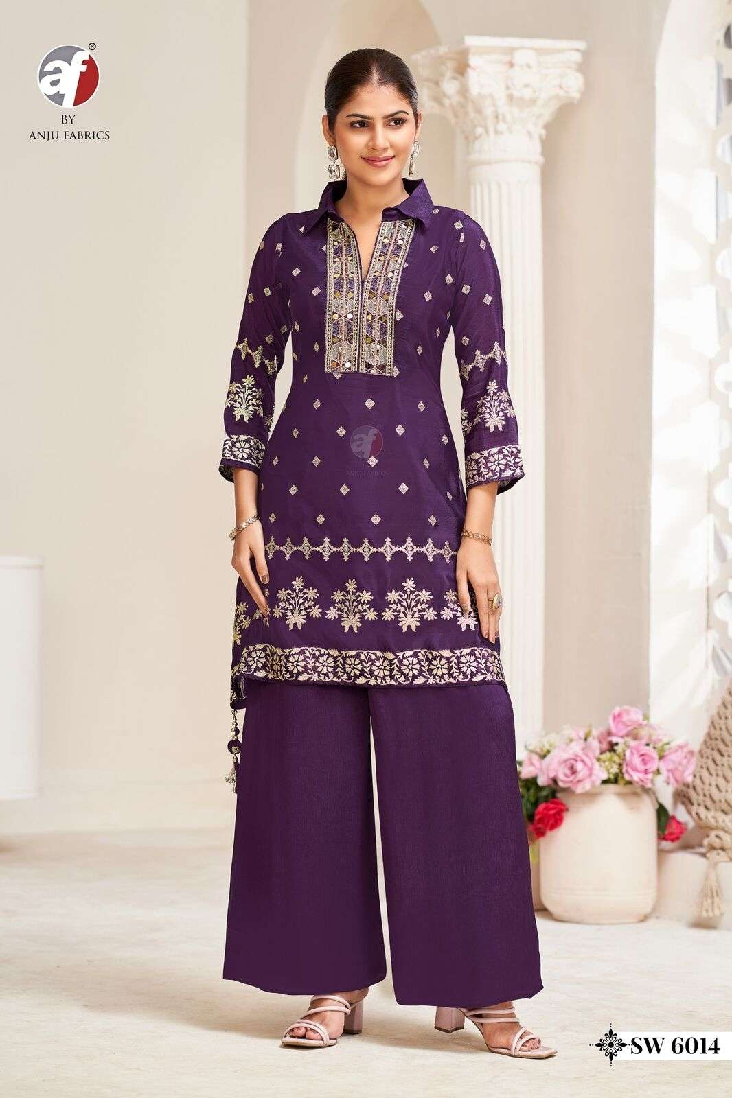 D.NO:- SW 6014 BY ANJU FABRICS IN PURE NATURAL CREPE WITH JACQUARD C-CUT KURTI WITH PALAZZO 