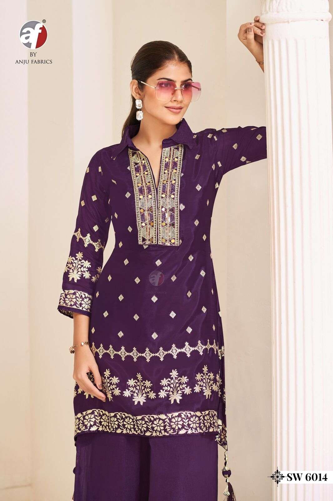 D.NO:- SW 6014 BY ANJU FABRICS IN PURE NATURAL CREPE WITH JACQUARD C-CUT KURTI WITH PALAZZO 