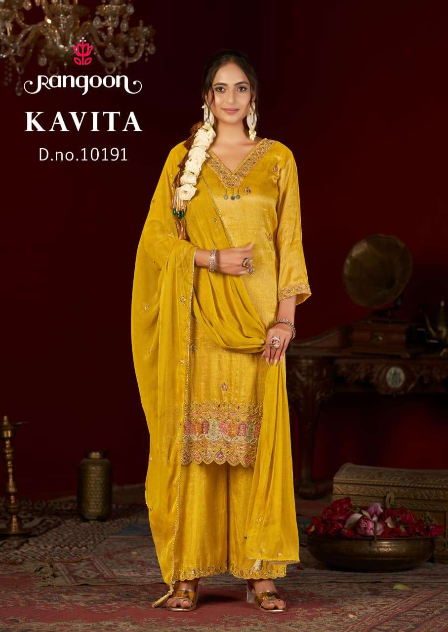 KAVITA BY RANGOON IN VISCOSE SIMMER WITH FANCY BEATS WORK AND FULL COTTON MAL INNER