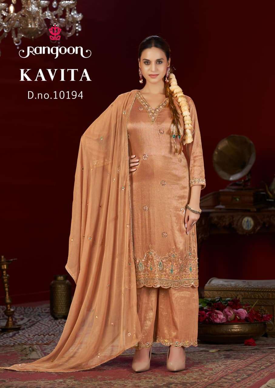 KAVITA BY RANGOON IN VISCOSE SIMMER WITH FANCY BEATS WORK AND FULL COTTON MAL INNER