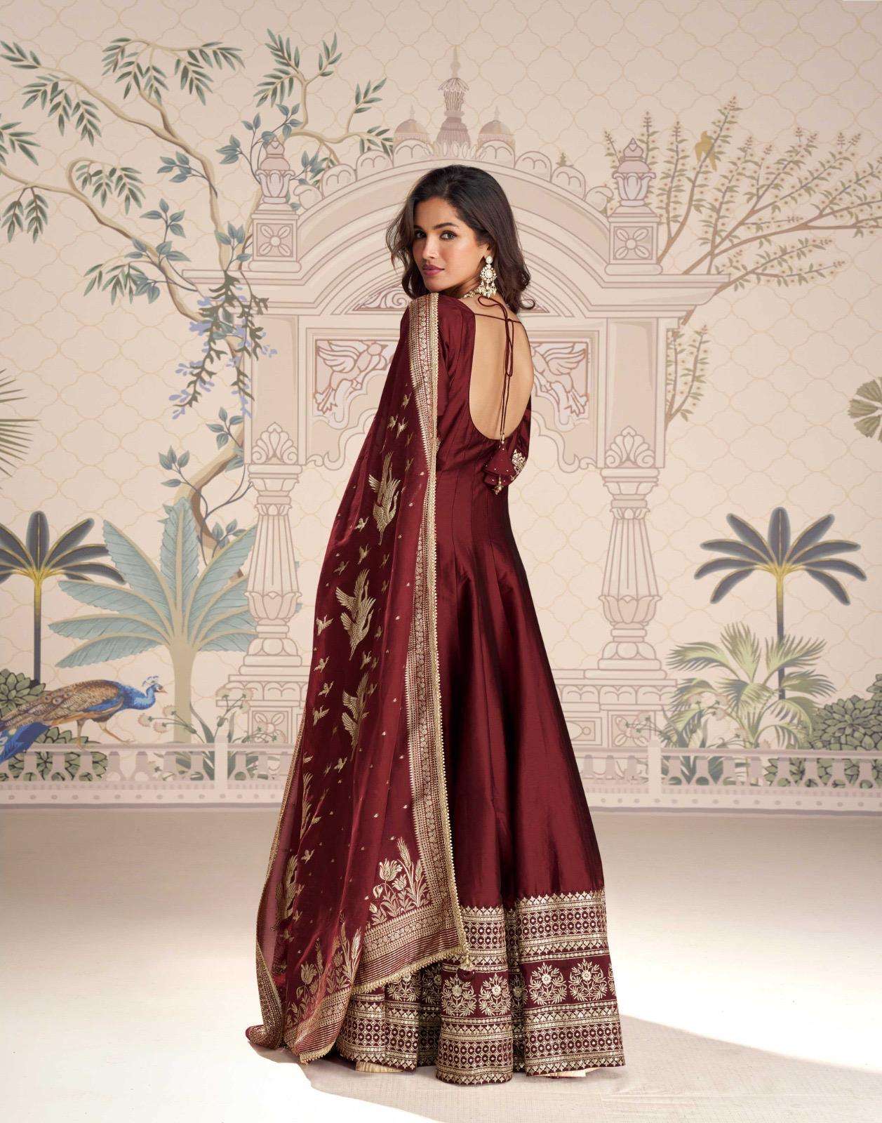 ROSHNI BY SAYURI DESIGNER IN PREMIUM REAL SILK WITH FRONT AND BACK EMBROIDERED GOWN 