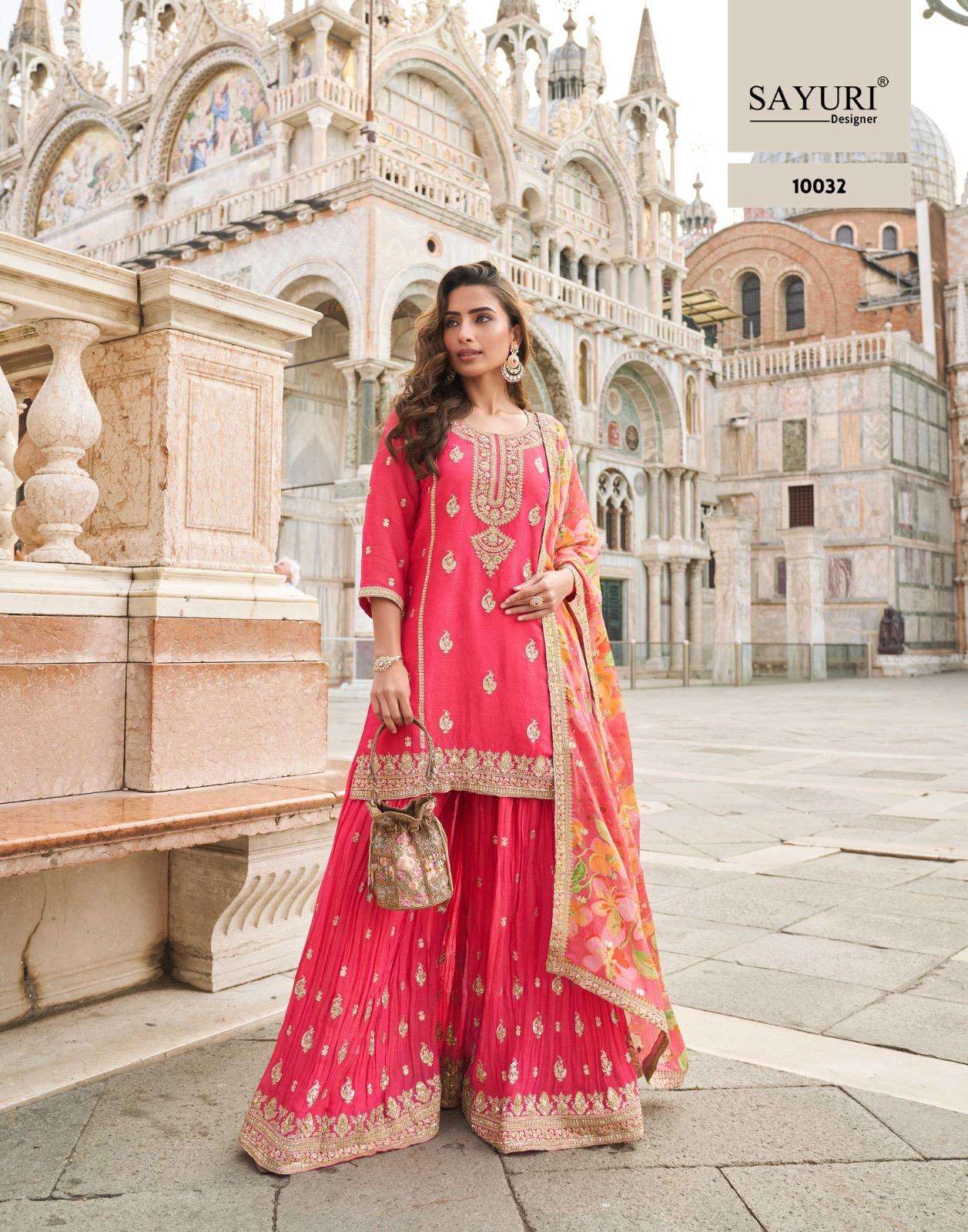 TAJ BY SAYURI DESIGNER IN PREMIUM REAL SIMAR SILK FRONT AND BACK EMBROIDERED SHARARA 