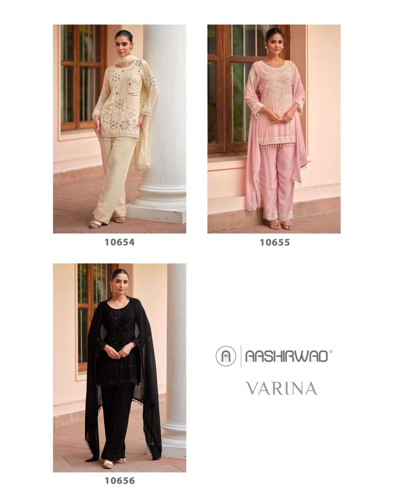 VARINA BY AASHIRWAD CREATION IN REAL GEORGETTE TOP-BOTTOM WITH DUPATTA AND WORK 