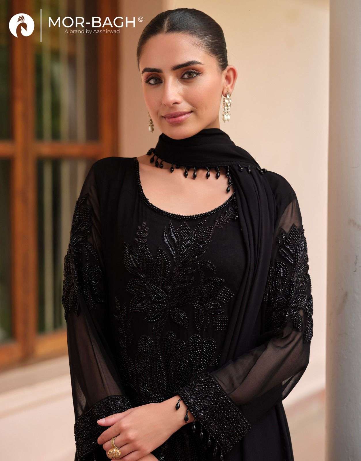 VARINA BY AASHIRWAD CREATION IN REAL GEORGETTE TOP-BOTTOM WITH DUPATTA AND WORK 