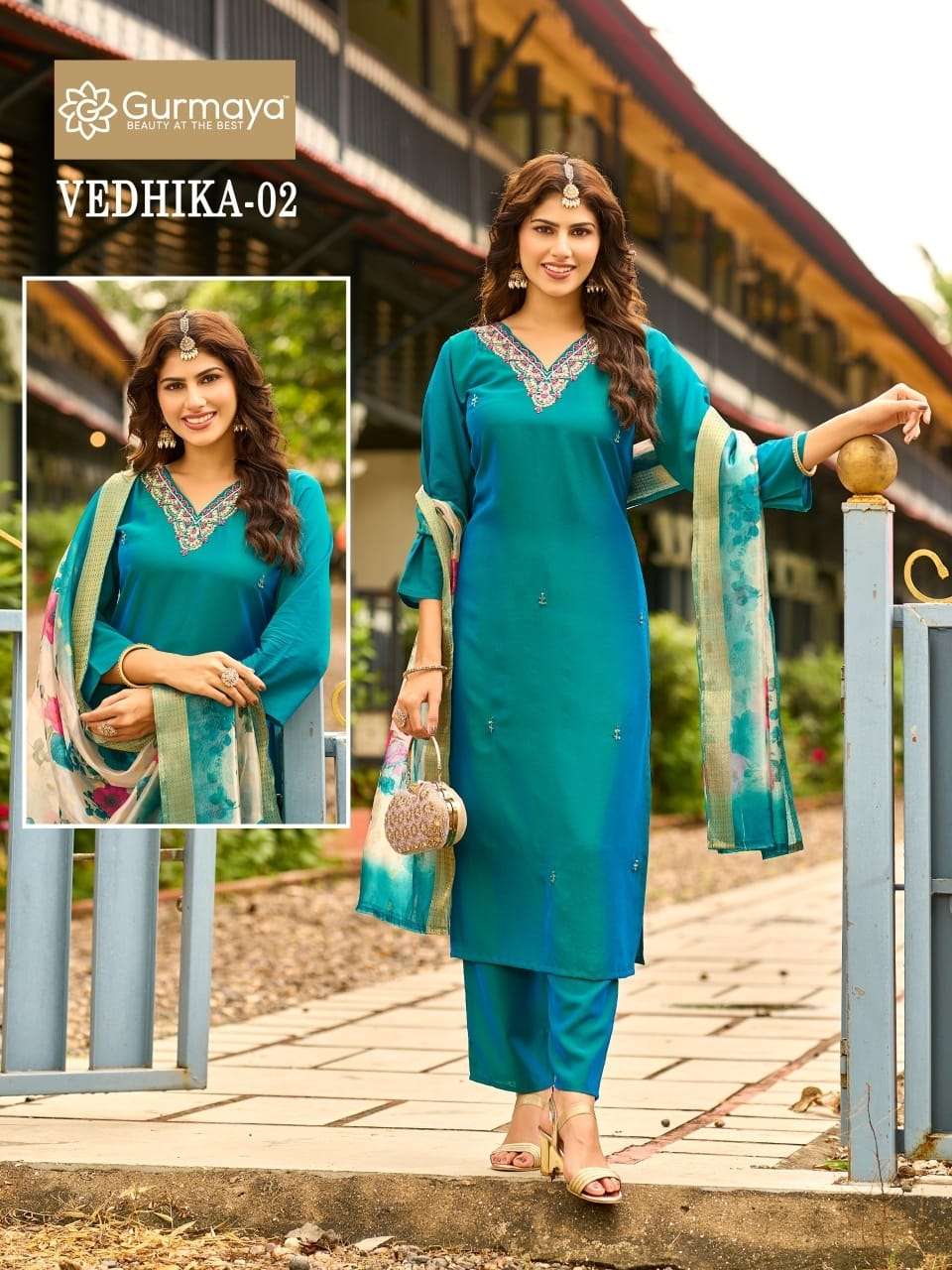 VEDHIKA BY AANCHI IN RANGEELA SILK 3 PCS SET STRAIGHT CUT COMBO WITH WORK 