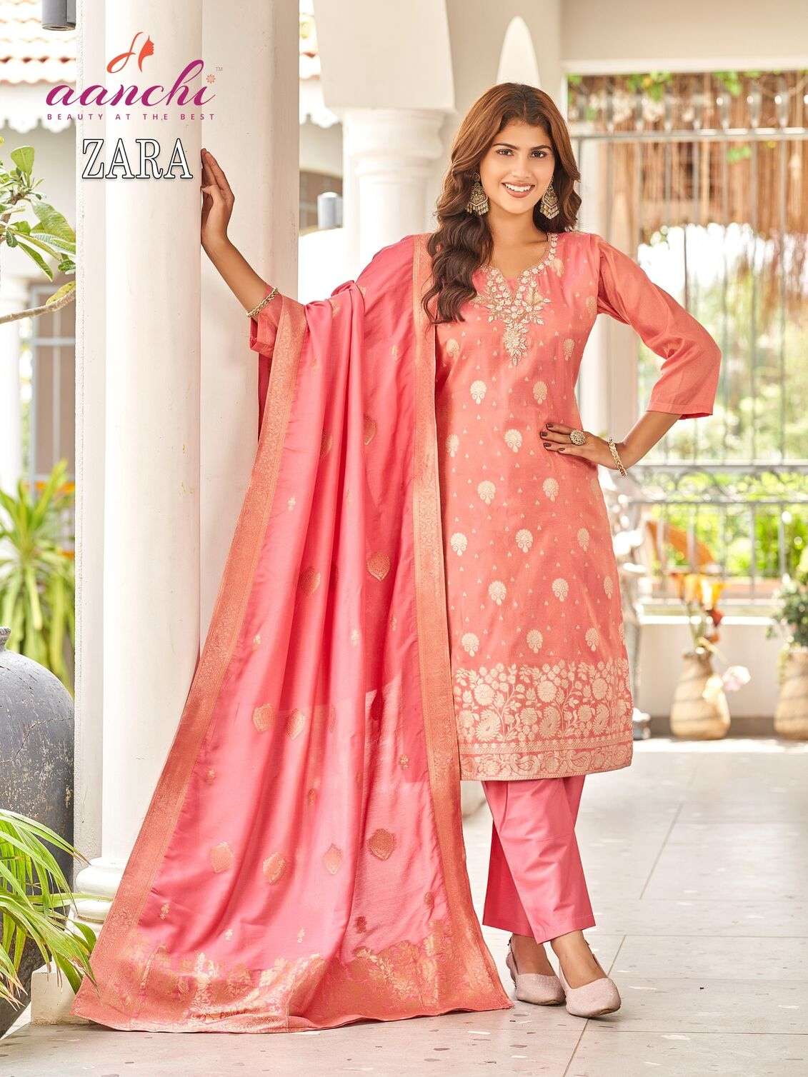 ZARA BY AANCHI IN PURE SHIMMER JACQUARD DAMAN BUTTI WITH HANDWORK ON NECK