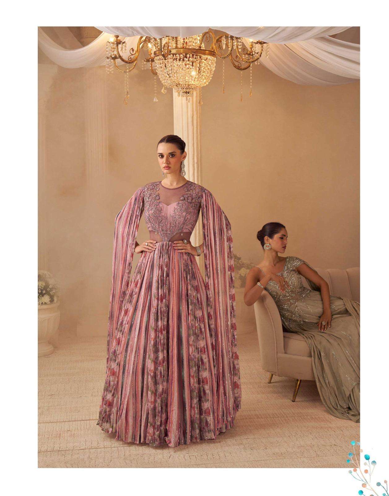 AAROHI BY SAYURI DESIGNER IN REAL CHINON SILK WITH FRONT AND BACK HAND WORK GOWN 