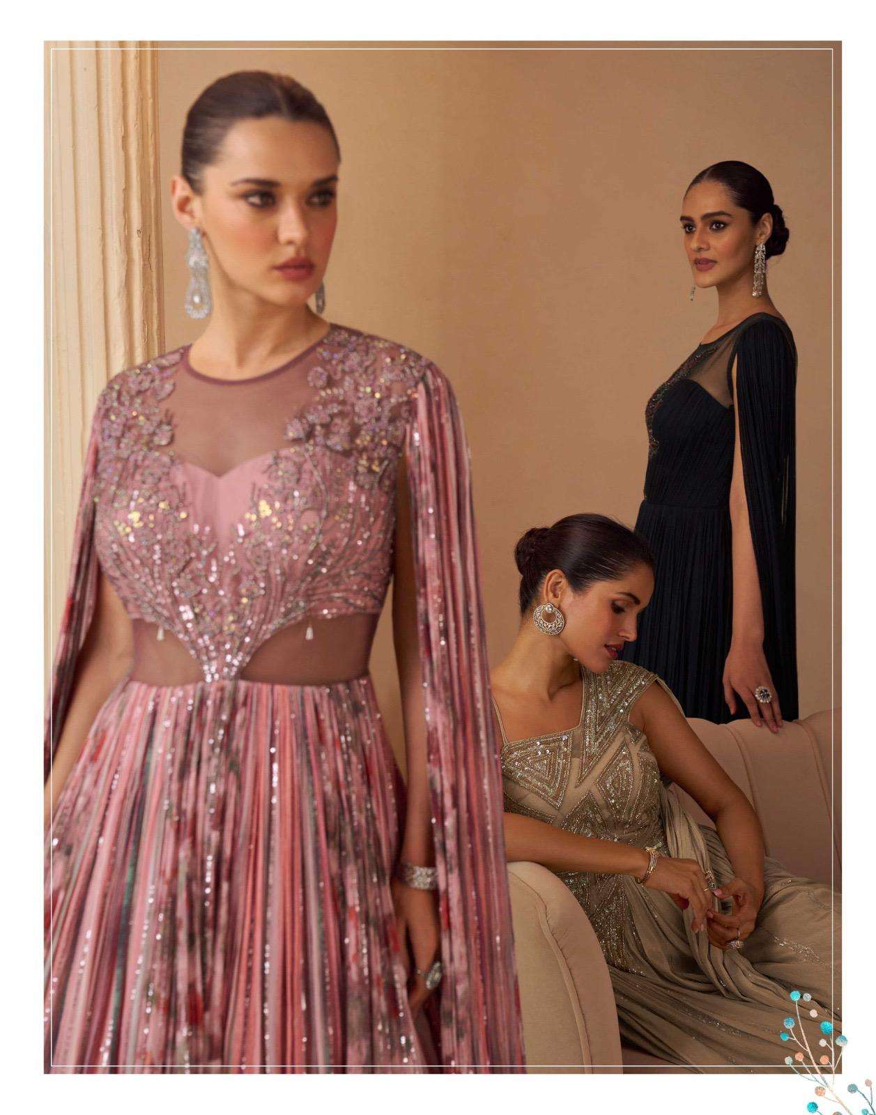 AAROHI BY SAYURI DESIGNER IN REAL CHINON SILK WITH FRONT AND BACK HAND WORK GOWN 