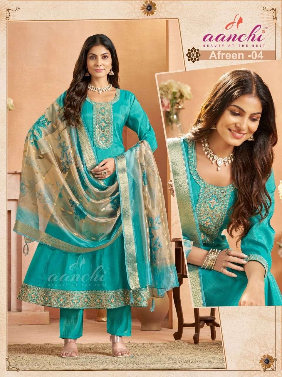 AFREEN BY AANCHI IN ROMAN SHIMMER WITH EMBROIDERY WORK & FANCY DIGITAL DUPATTA 