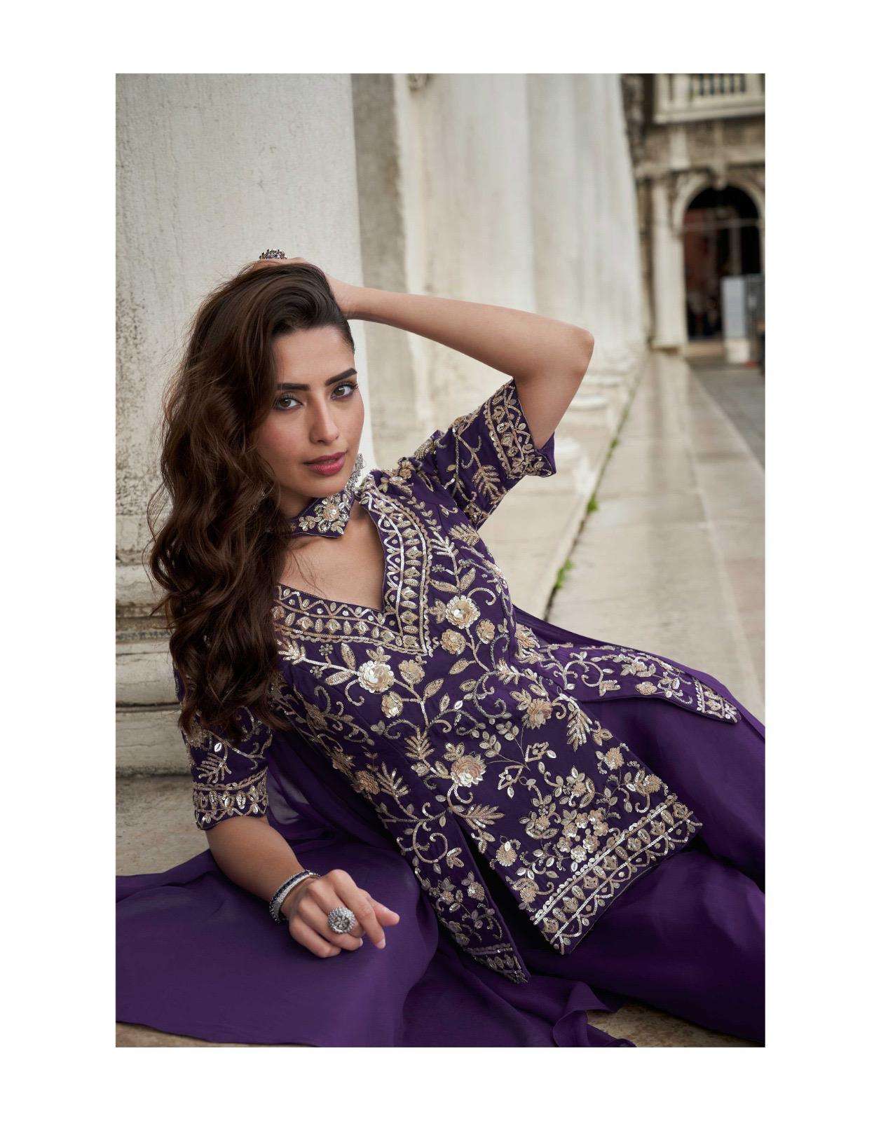 BELA BY SAYURI DESIGNER IN REAL ORGANZA SILK TREDY WEDDING LOOK EMBROIDERED TOP WITH PLAZOO