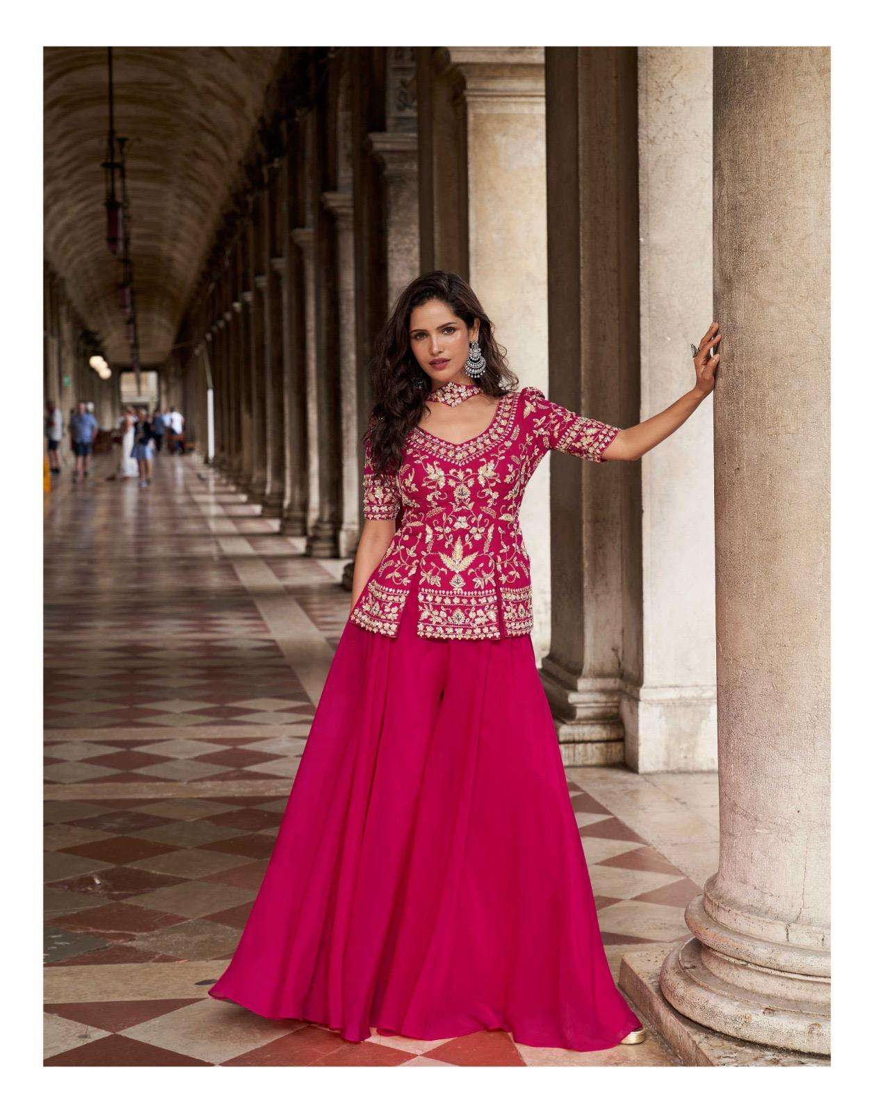 BELA BY SAYURI DESIGNER IN REAL ORGANZA SILK TREDY WEDDING LOOK EMBROIDERED TOP WITH PLAZOO