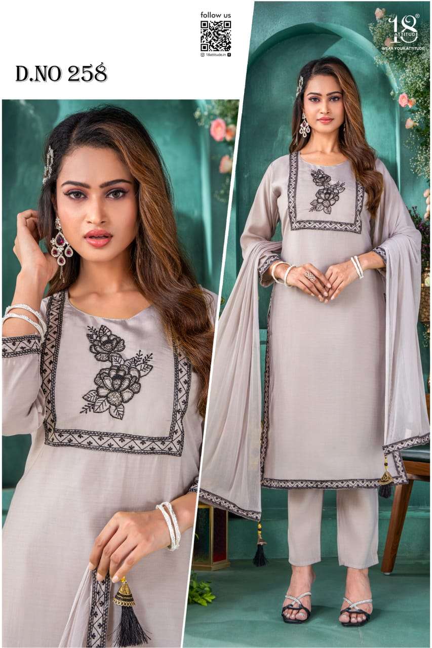 D.NO :- 258 BY 18 ATTITUDE IN ROMAN SILK WITH COTTON LINNER AND EMBROIDERY WORK 