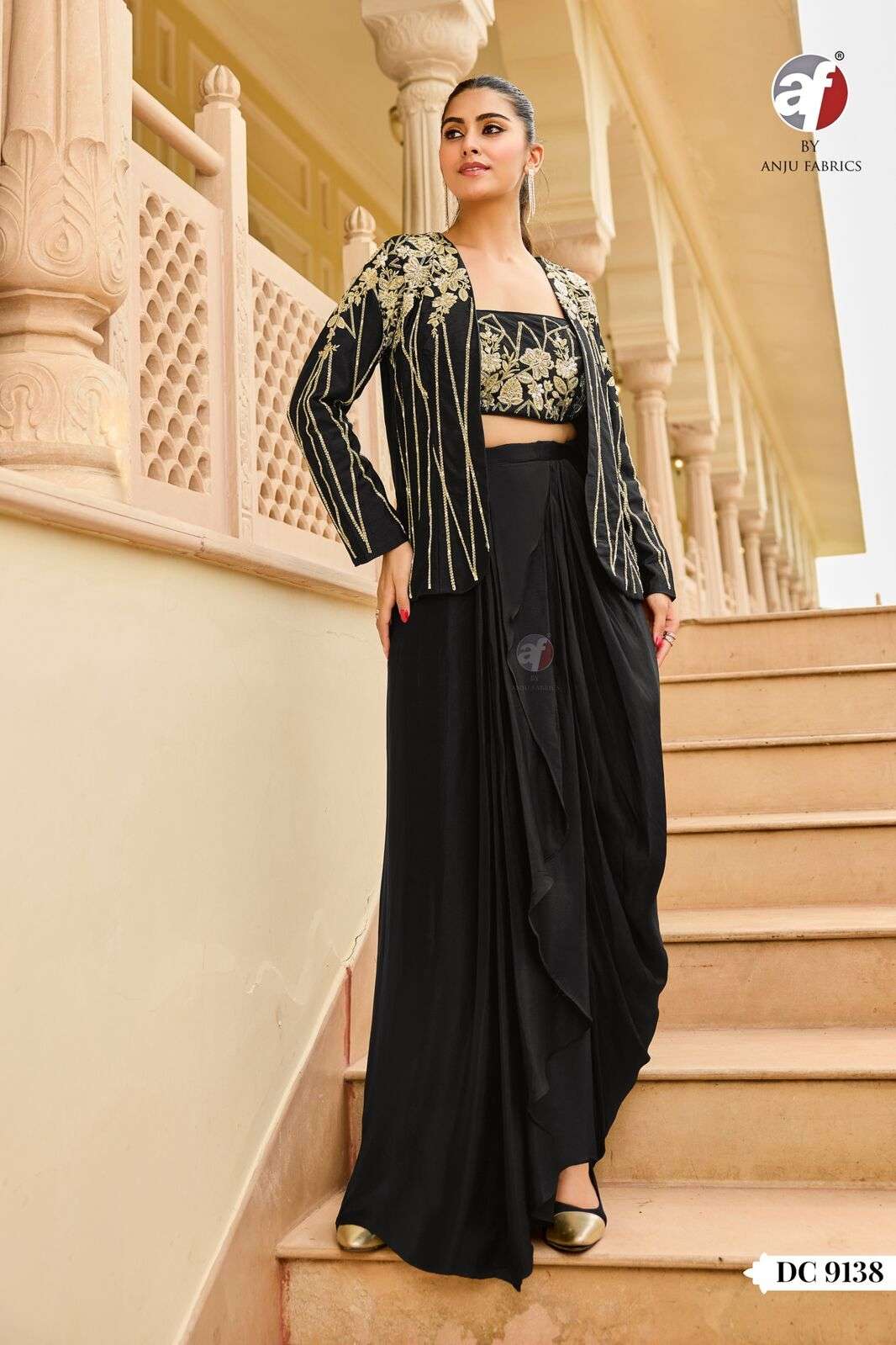 D.NO:- DC 9138 BY ANJU FABRICS IN PURE CHINON CHIFFON CROP TOP & JACKET WITH DRAPE SKIRT 