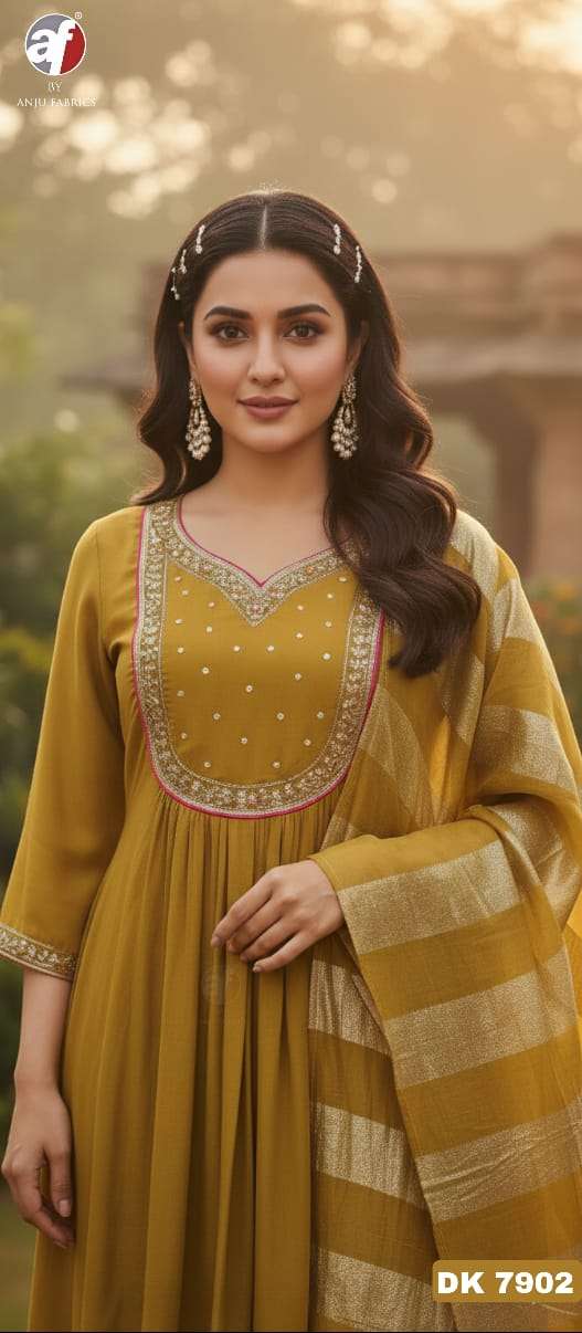 D.NO:- DK 7902 BY ANJU FABRICS IN PURE MUL CHANDERI FLARED KURTI WITH WIDE PANT & DUPATTA 