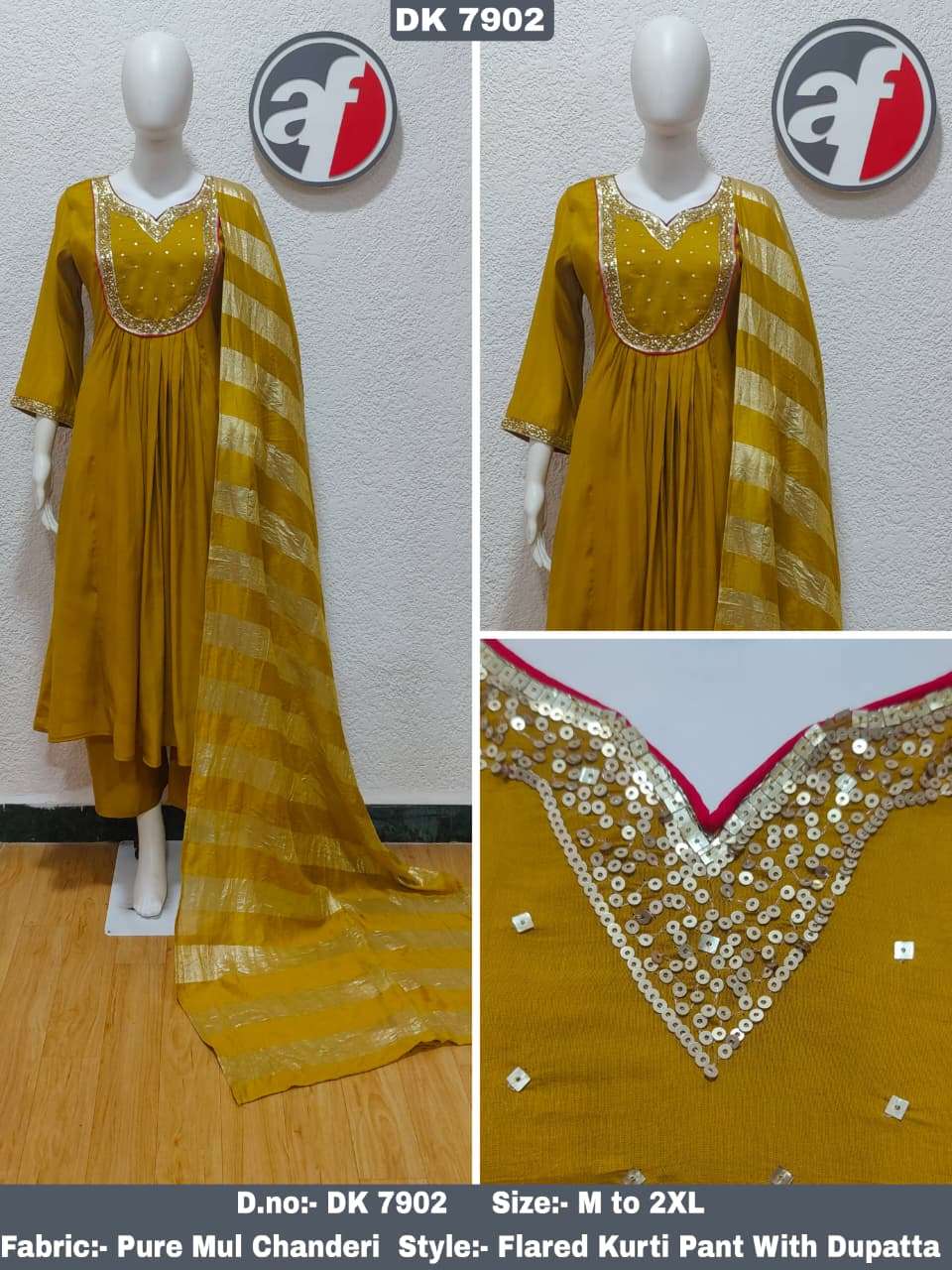 D.NO:- DK 7902 BY ANJU FABRICS IN PURE MUL CHANDERI FLARED KURTI WITH WIDE PANT & DUPATTA 