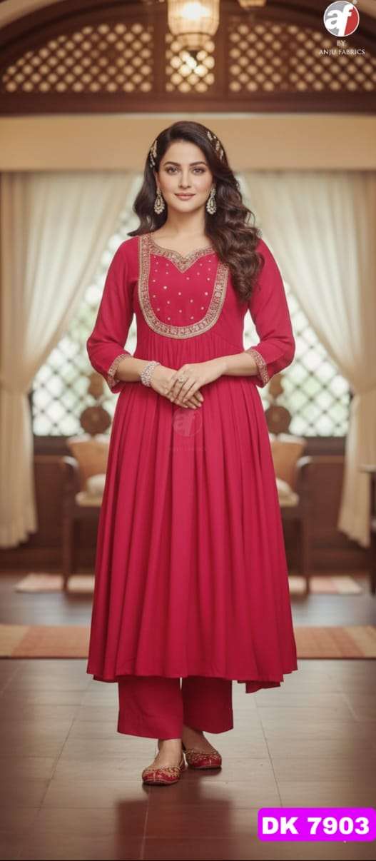 D.NO:- DK 7903 BY ANJU FABRICS IN PURE MUL CHANDERI FLARED KURTI WITH WIDE PANT & DUPATTA 