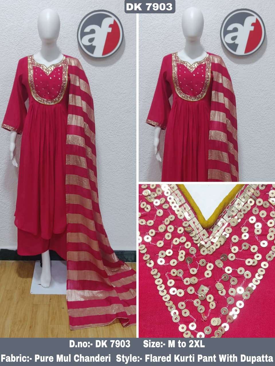 D.NO:- DK 7903 BY ANJU FABRICS IN PURE MUL CHANDERI FLARED KURTI WITH WIDE PANT & DUPATTA 