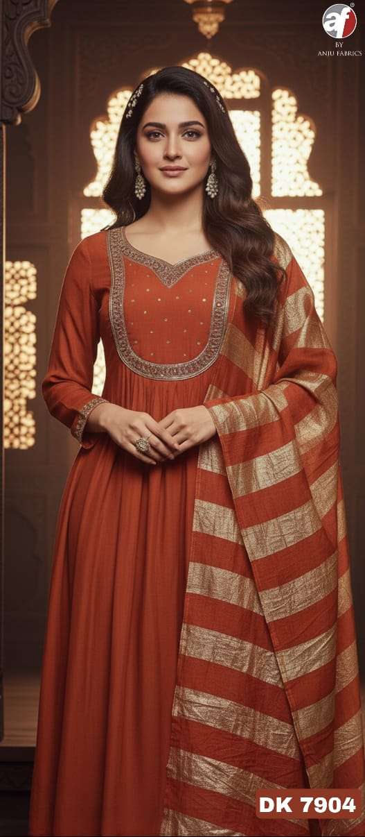 D.NO:- DK 7904 BY ANJU FABRICS IN PURE MUL CHANDERI FLARED KURTI WITH WIDE PANT & DUPATTA 