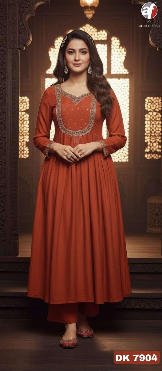 D.NO:- DK 7904 BY ANJU FABRICS IN PURE MUL CHANDERI FLARED KURTI WITH WIDE PANT & DUPATTA 