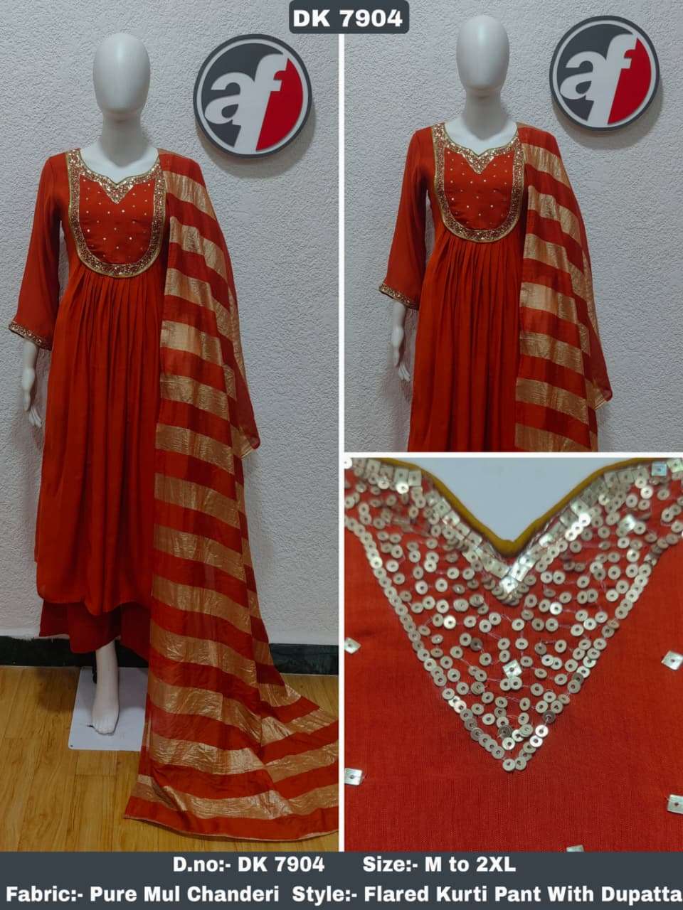 D.NO:- DK 7904 BY ANJU FABRICS IN PURE MUL CHANDERI FLARED KURTI WITH WIDE PANT & DUPATTA 