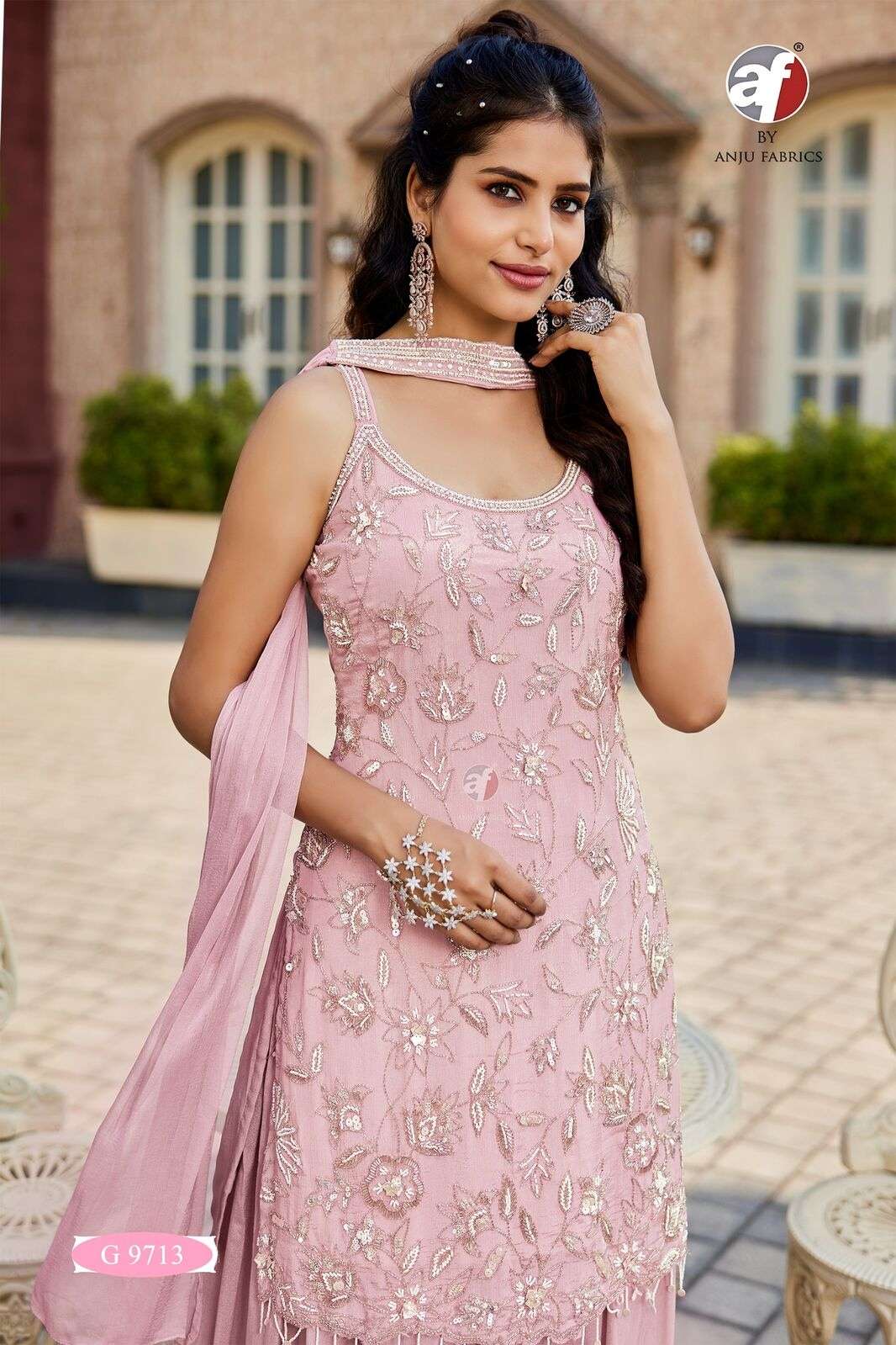 D.NO:- G 9713 BY ANJU FABRICS IN PURE CHINON CHIFFON SHORT KURTI WITH FLARED DIVIDER & DUPATTA 