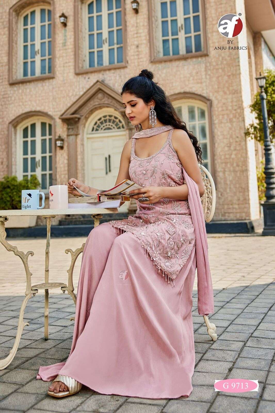 D.NO:- G 9713 BY ANJU FABRICS IN PURE CHINON CHIFFON SHORT KURTI WITH FLARED DIVIDER & DUPATTA 