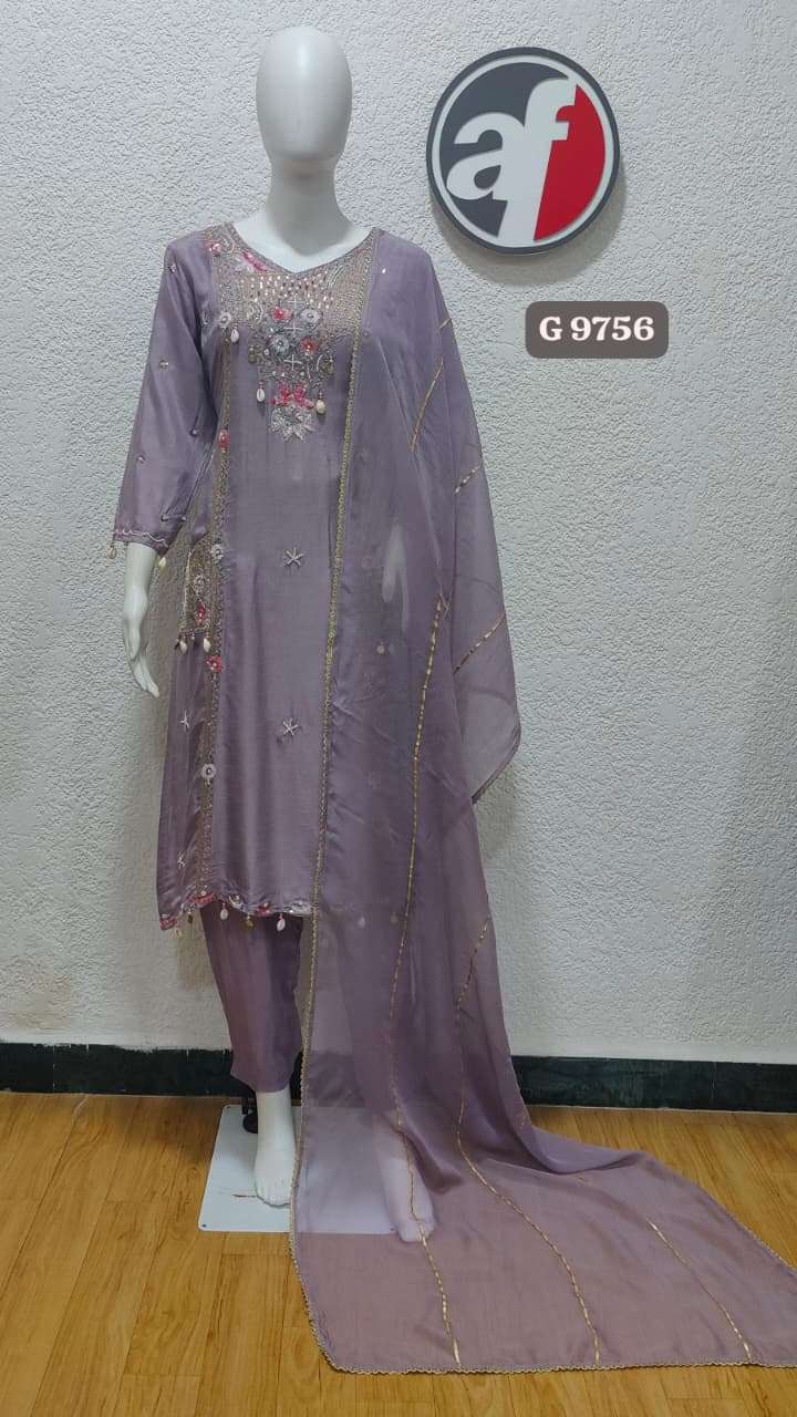 D.NO:- G 9756 BY ANJU FABRICS IN PURE DOLA SILK KURTI PANT WITH DUPATTA & HANDWORK 