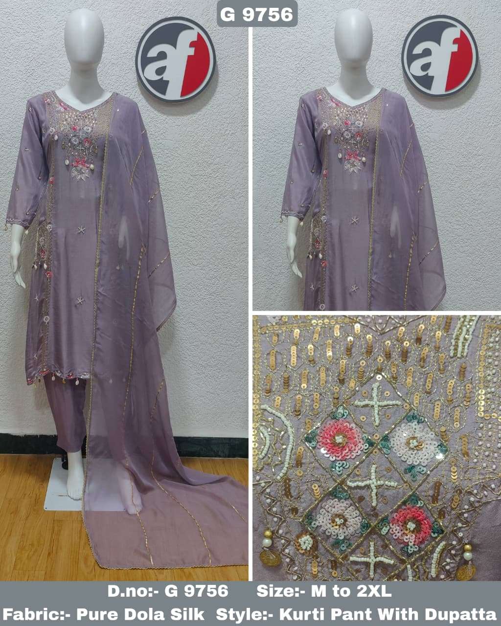 D.NO:- G 9756 BY ANJU FABRICS IN PURE DOLA SILK KURTI PANT WITH DUPATTA & HANDWORK 