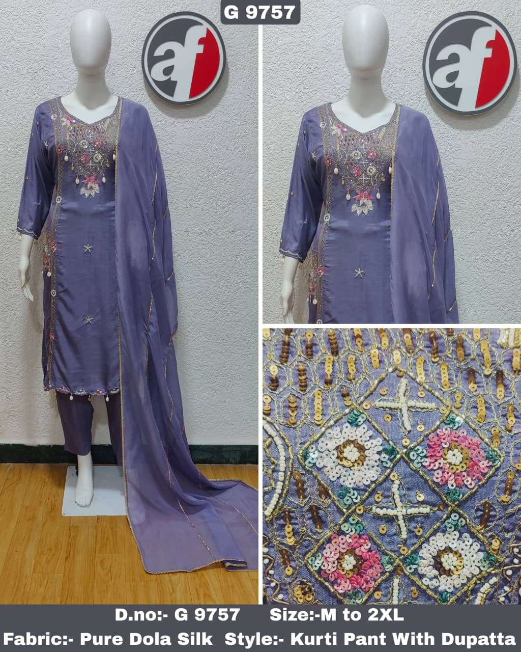 D.NO:- G 9757 BY ANJU FABRICS IN PURE DOLA SILK KURTI PANT WITH DUPATTA & HANDWORK 