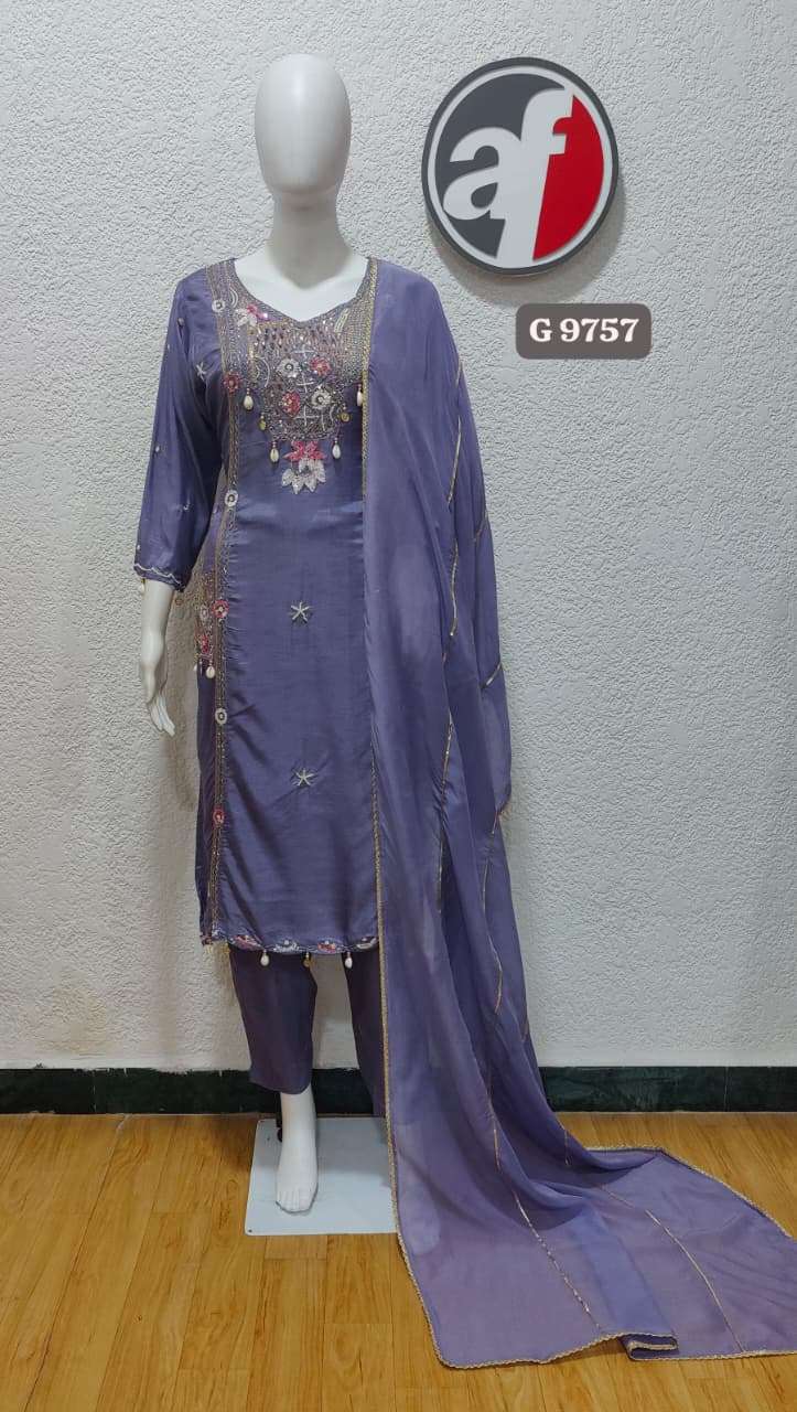 D.NO:- G 9757 BY ANJU FABRICS IN PURE DOLA SILK KURTI PANT WITH DUPATTA & HANDWORK 