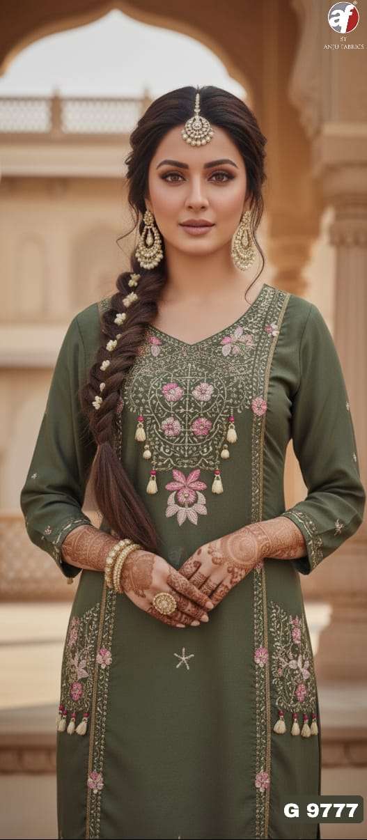 D.NO:- G 9777 BY ANJU FABRICS IN PURE DOLA SILK KURTI PANT WITH DUPATTA & HANDWORK 