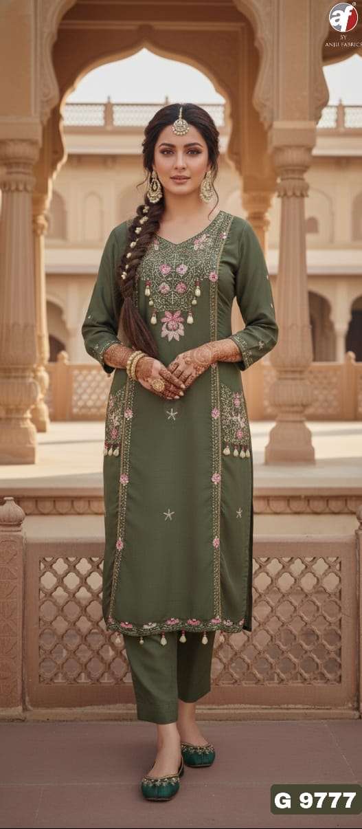 D.NO:- G 9777 BY ANJU FABRICS IN PURE DOLA SILK KURTI PANT WITH DUPATTA & HANDWORK 