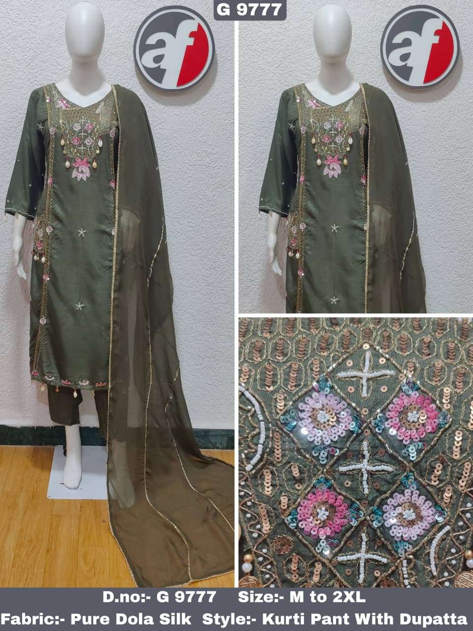 D.NO:- G 9777 BY ANJU FABRICS IN PURE DOLA SILK KURTI PANT WITH DUPATTA & HANDWORK 