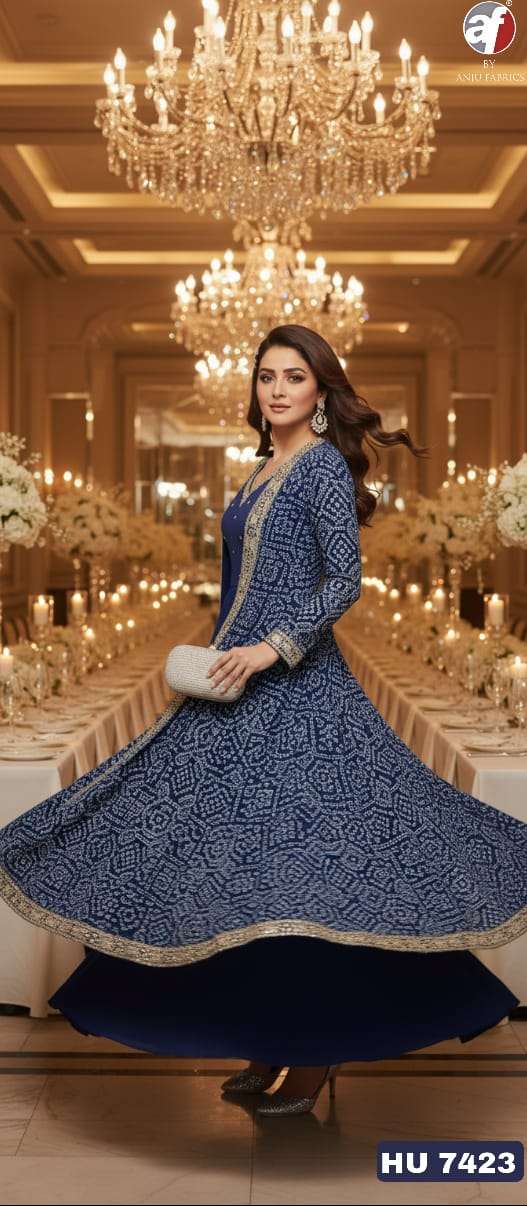 D.NO:- HU 7423 BY ANJU FABRICS IN PURE CHINON CHIFFON DESIGNER JACKET WITH FLARED GOWN 
