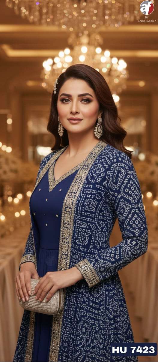 D.NO:- HU 7423 BY ANJU FABRICS IN PURE CHINON CHIFFON DESIGNER JACKET WITH FLARED GOWN 