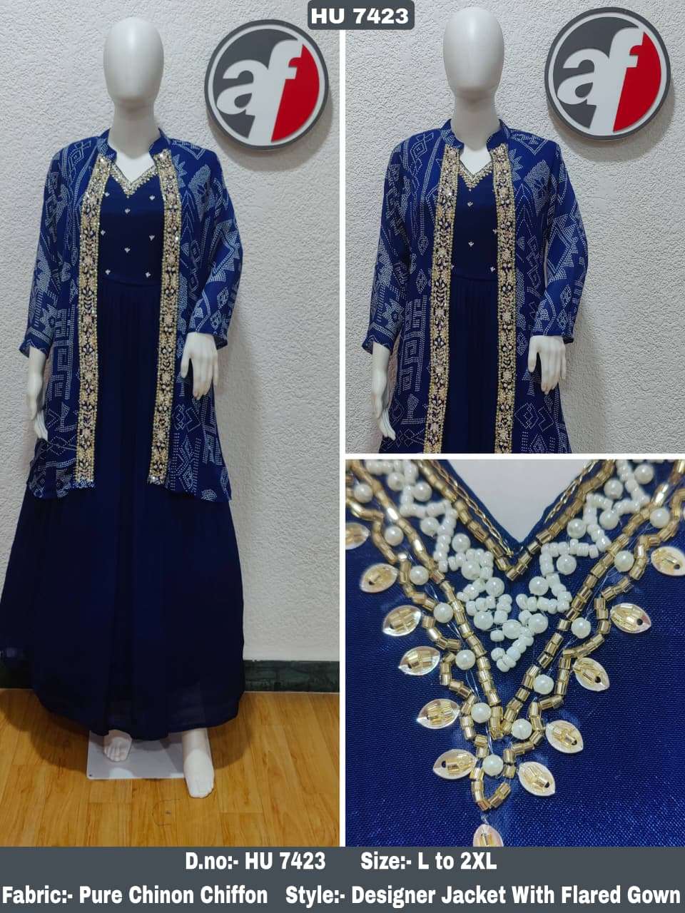 D.NO:- HU 7423 BY ANJU FABRICS IN PURE CHINON CHIFFON DESIGNER JACKET WITH FLARED GOWN 