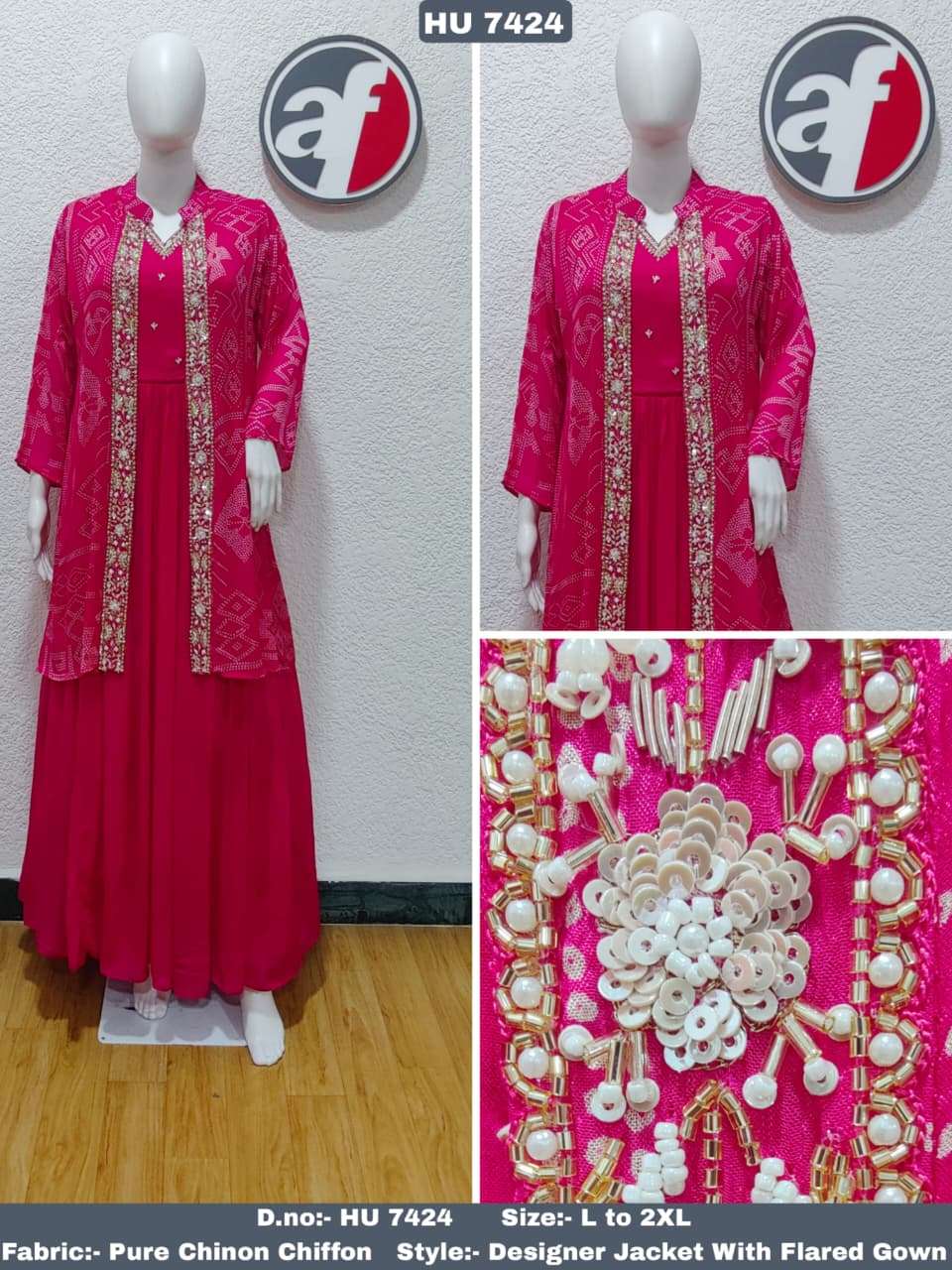 D.NO:- HU 7424 BY ANJU FABRICS IN PURE CHINON CHIFFON DESIGNER JACKET WITH FLARED GOWN 