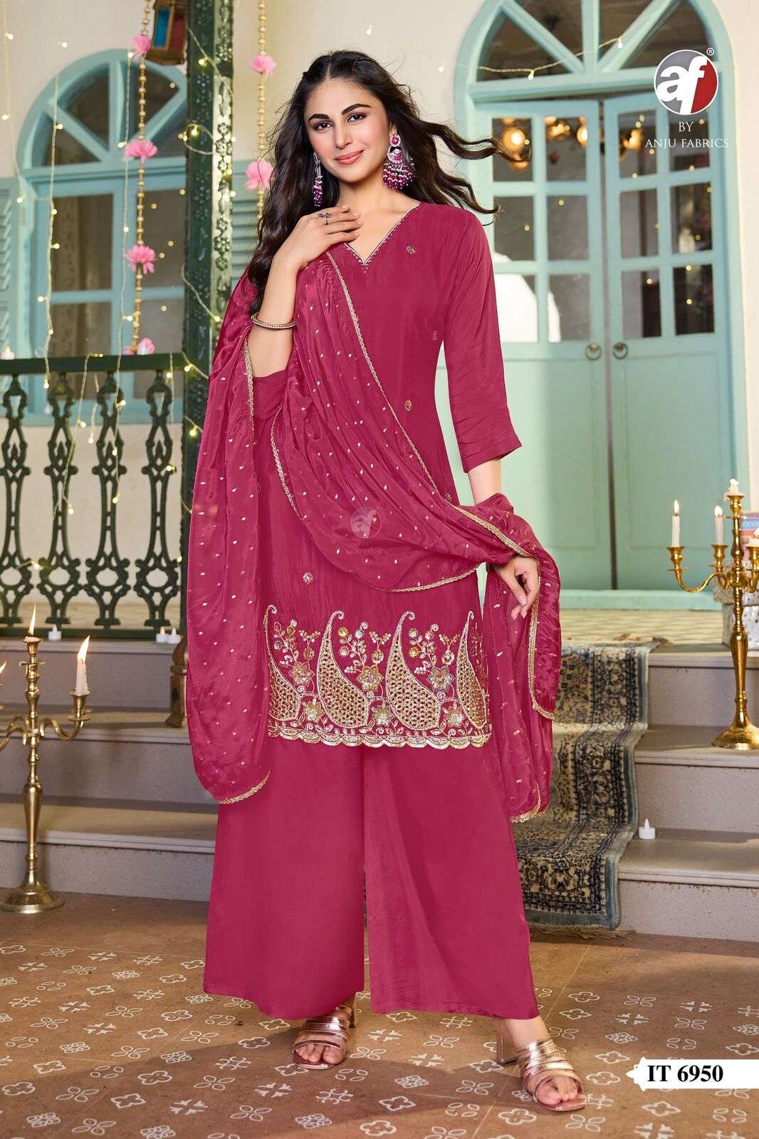 D.NO:- IT 6950 BY ANJU FABRICS IN PURE H.O SILK SHORT KURTI PALAZZO WITH DUPATTA 