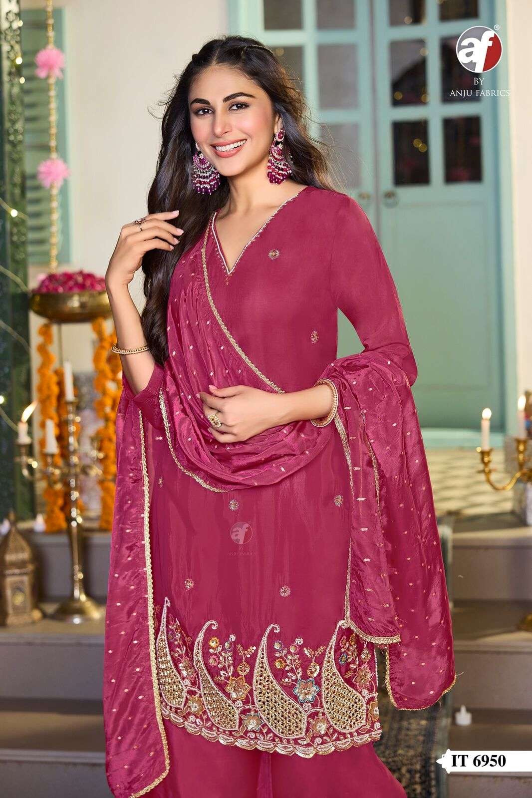 D.NO:- IT 6950 BY ANJU FABRICS IN PURE H.O SILK SHORT KURTI PALAZZO WITH DUPATTA 