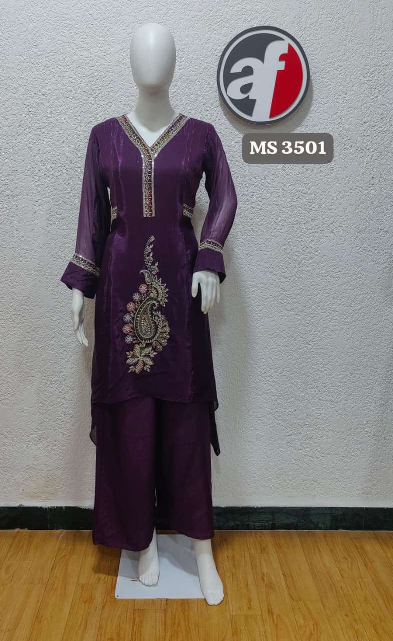 D.NO:- MS 3501 BY ANJU FABRICS IN PURE H.O SILK TAIL CUT KURTI WITH PALAZZO HANDWORK 