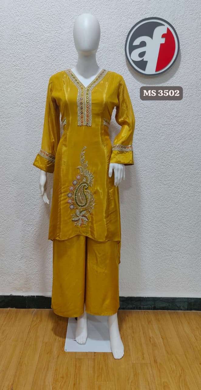 D.NO:- MS 3502 BY ANJU FABRICS IN PURE H.O SILK TAIL CUT KURTI WITH PALAZZO HANDWORK 