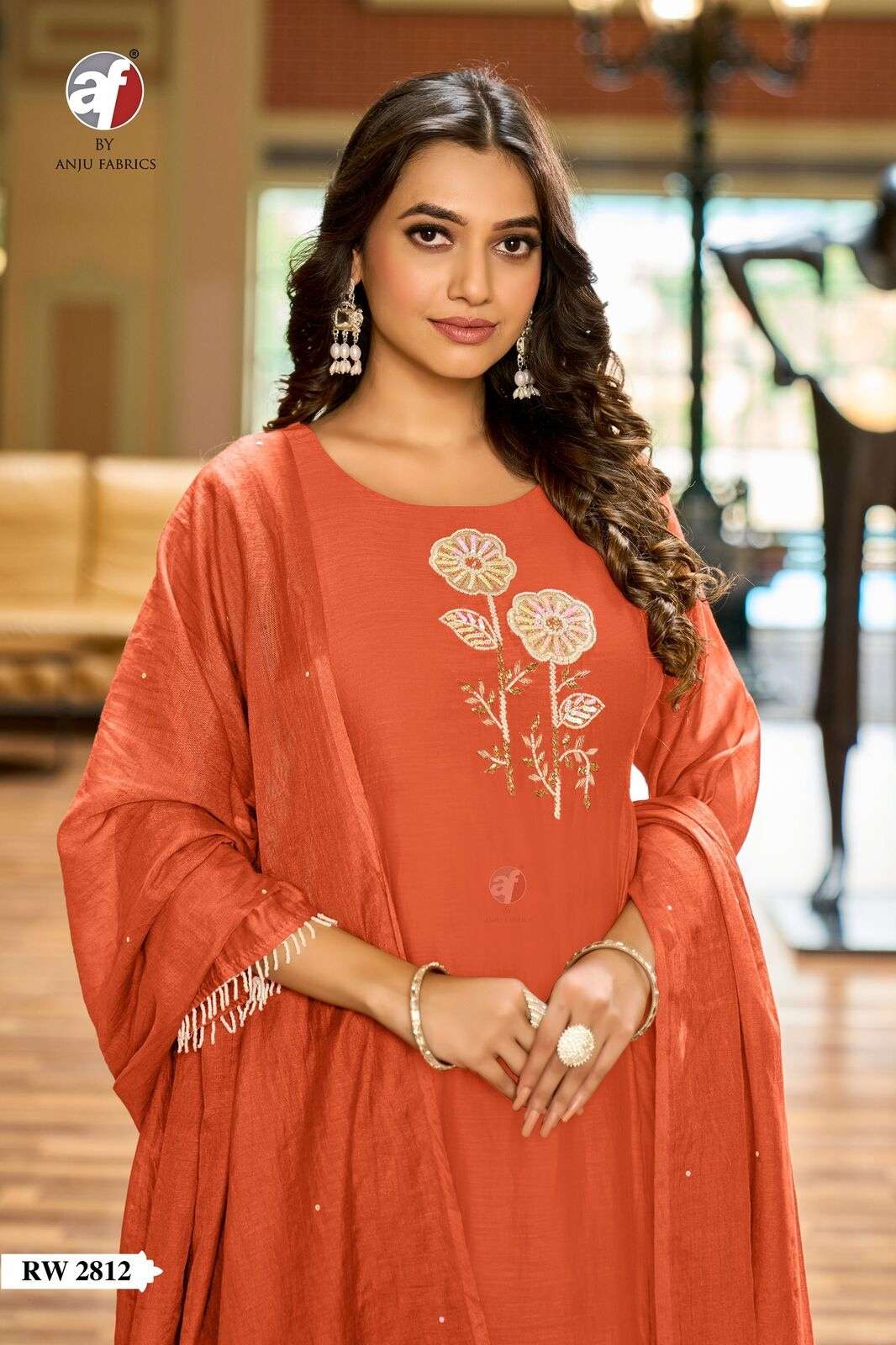 D.NO:- RW  2812 BY ANJU FABRICS IN PURE MUL CHANDERI FLARED KURTI WITH WIDE PANT & DUPATTA 