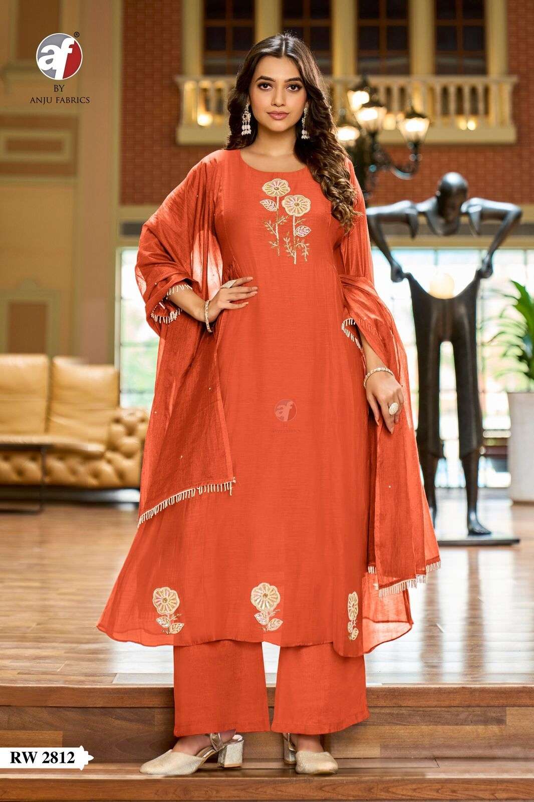 D.NO:- RW  2812 BY ANJU FABRICS IN PURE MUL CHANDERI FLARED KURTI WITH WIDE PANT & DUPATTA 