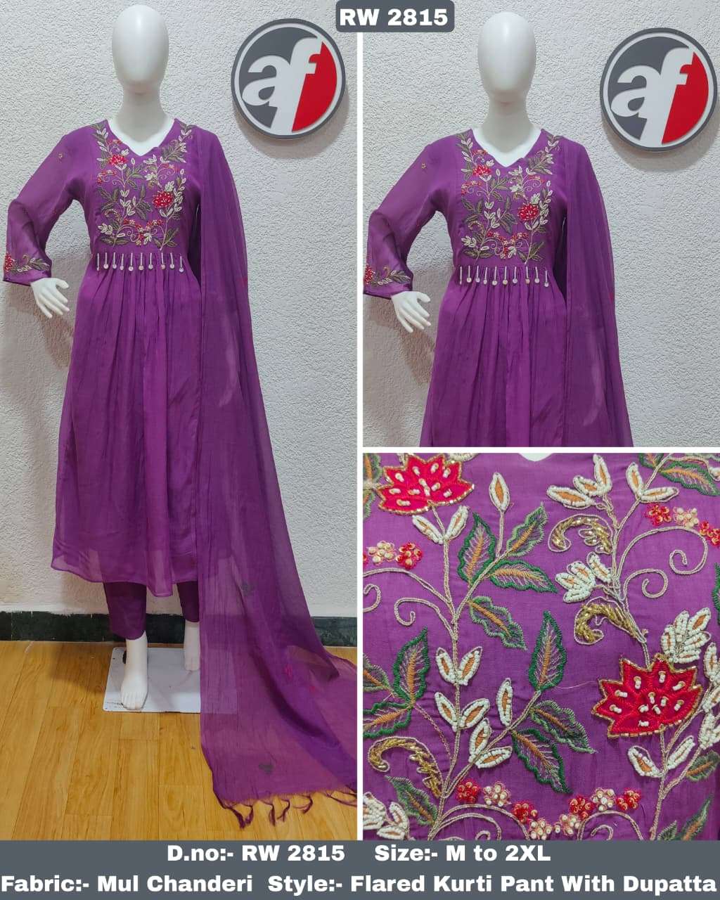 D.NO:- RW 2815 BY ANJU FABRICS IN MUL CHANDERI FLARED KURTI PANT WITH DUPATTA 
