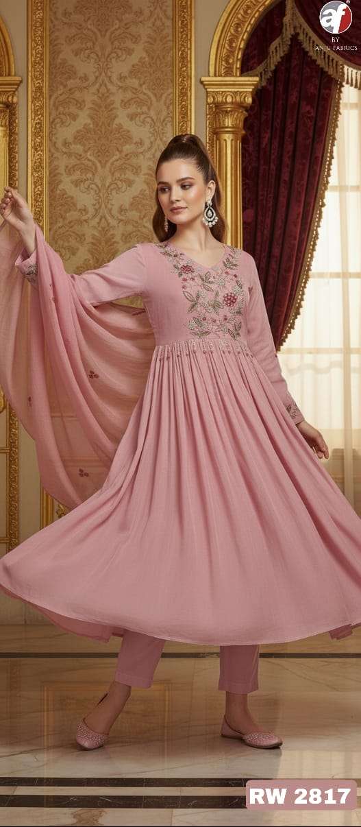 D.NO:- RW 2817 BY ANJU FABRICS IN MUL CHANDERI FLARED KURTI PANT WITH DUPATTA 